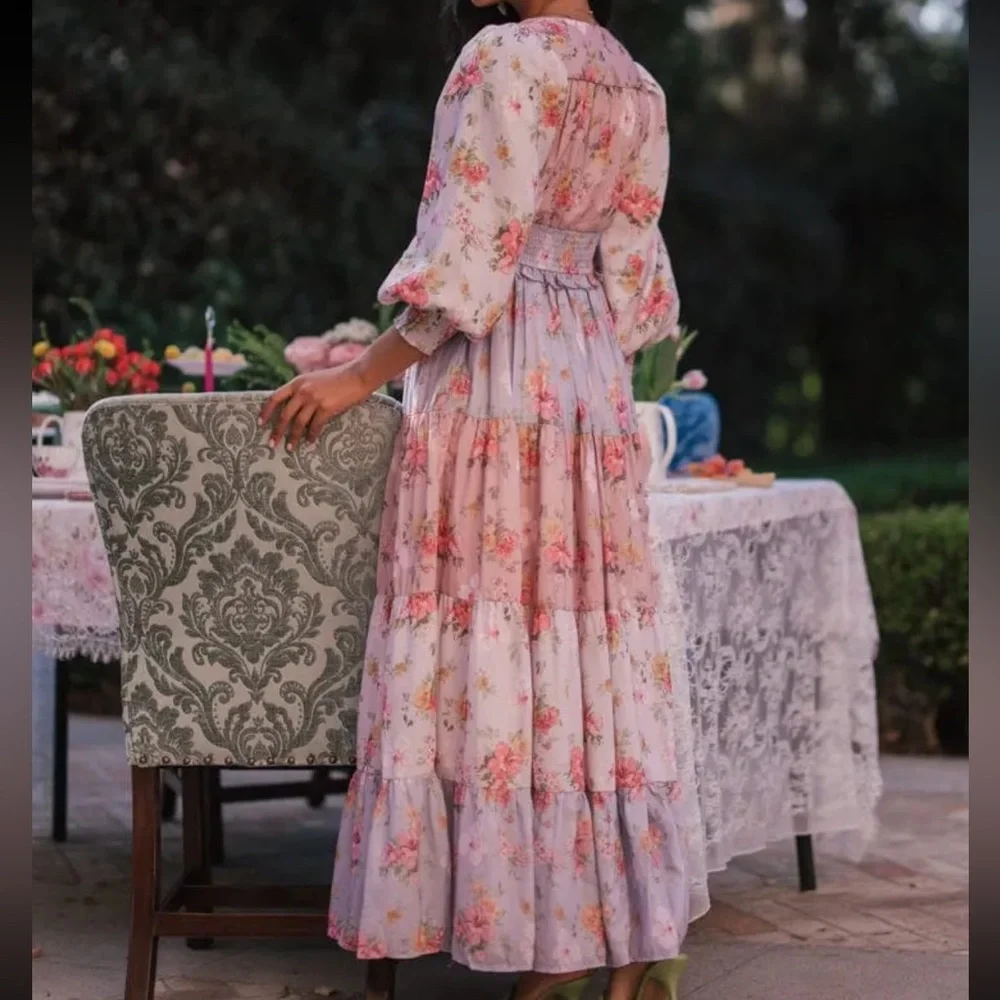 JESSAKAE Garden Rose Sweet Peony Floral Maxi Tea Dress Pink Purple Button Down - Picture 4 of 6